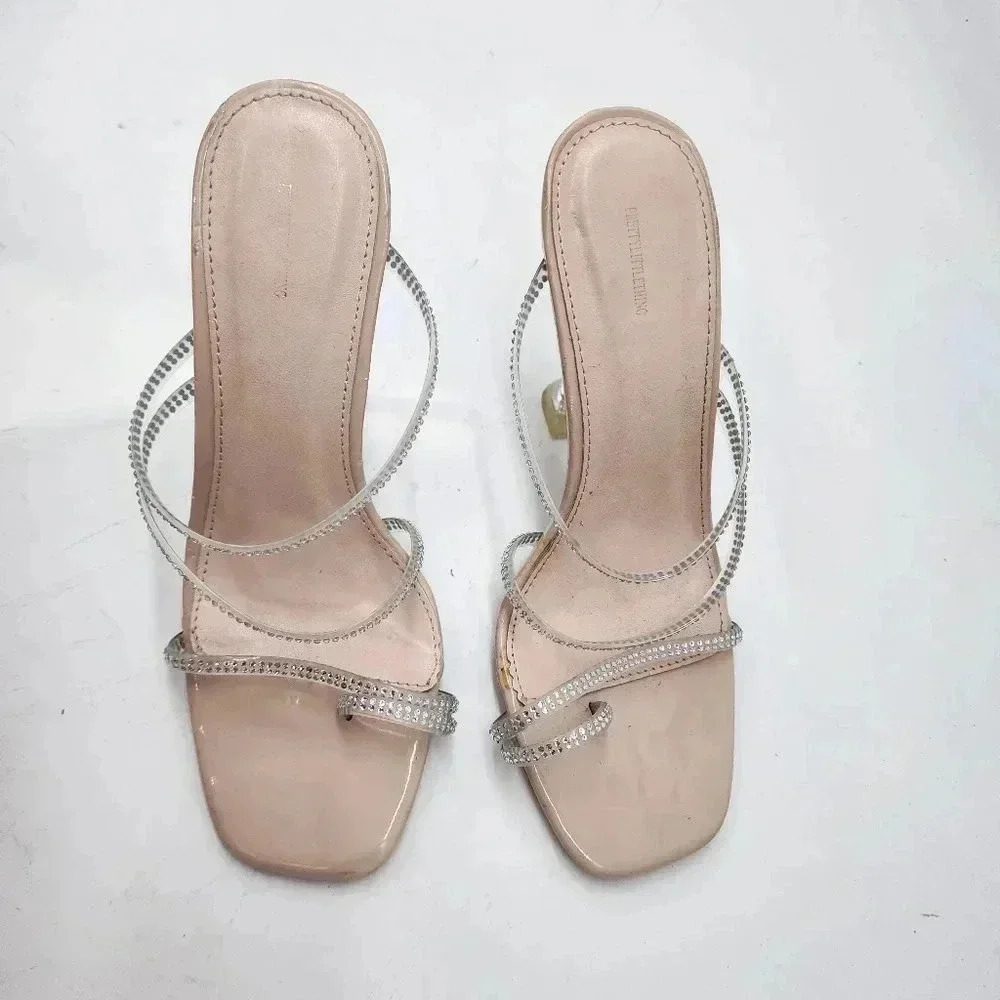 PrettyLittleThing Women's Nude Beige Clear Heel Mule Sandals Rhinestones Sz 6 - Picture 2 of 9